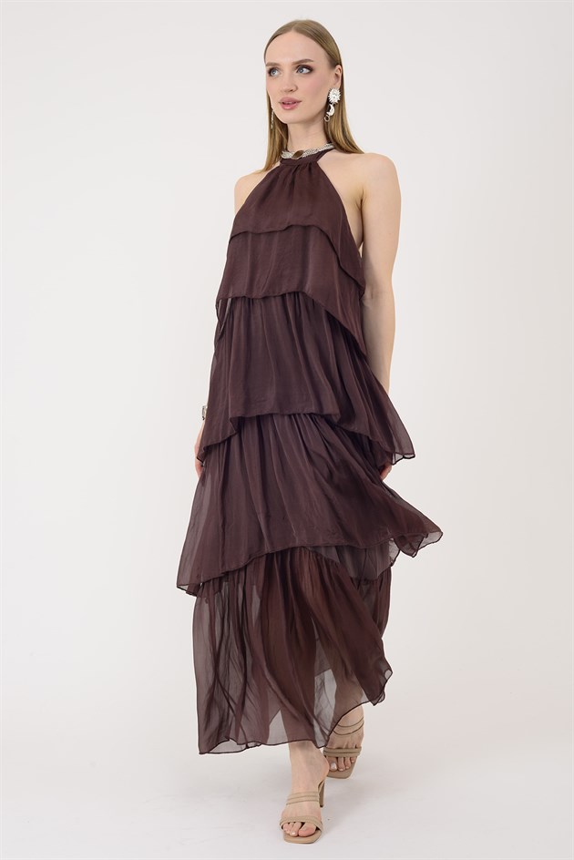 6153 PRATO OMUZDAN BAĞLAMALI KAT KAT İPEK ELBİSE