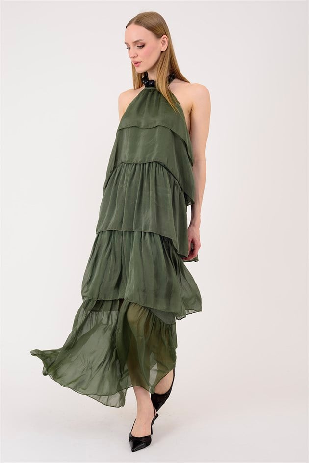 6153 PRATO OMUZDAN BAĞLAMALI KAT KAT İPEK ELBİSE