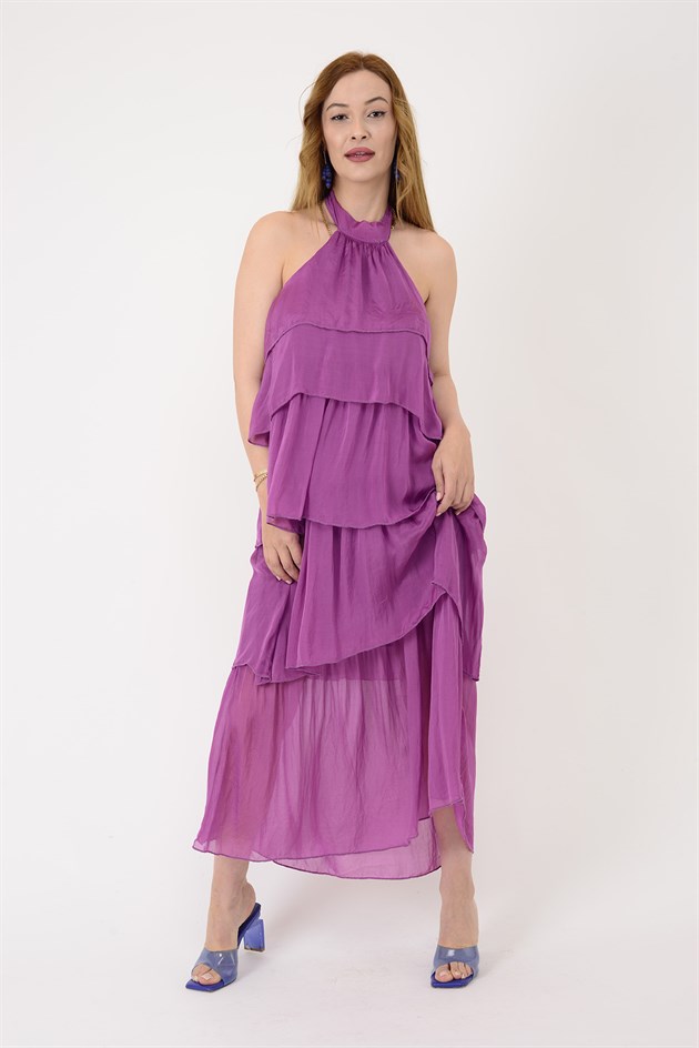 6153 PRATO OMUZDAN BAĞLAMALI KAT KAT İPEK ELBİSE