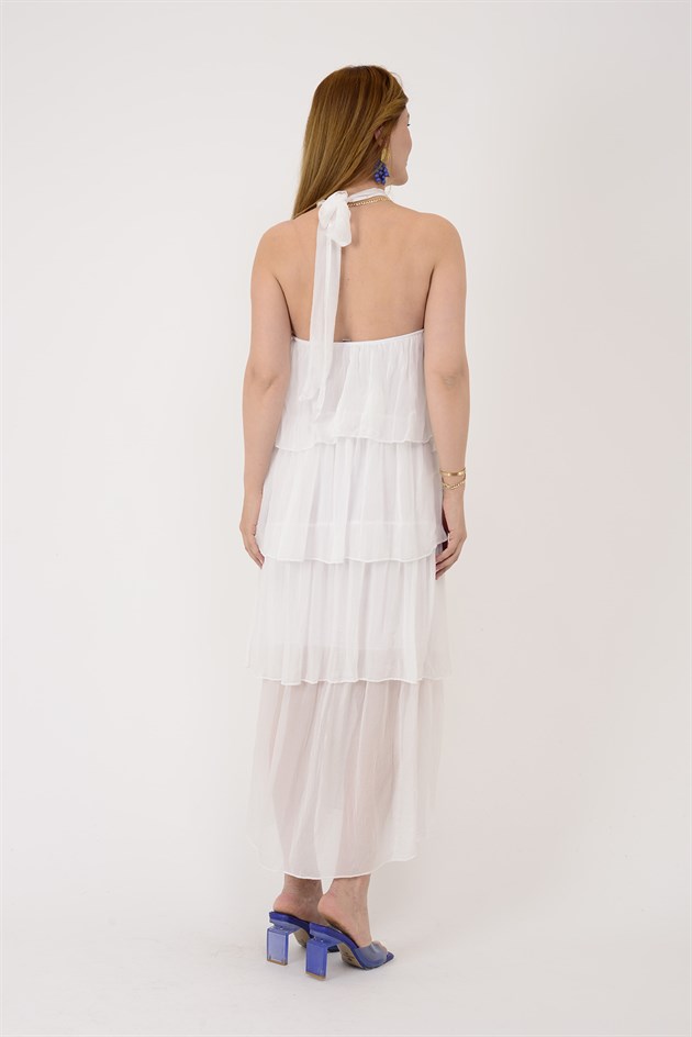 6153 PRATO OMUZDAN BAĞLAMALI KAT KAT İPEK ELBİSE