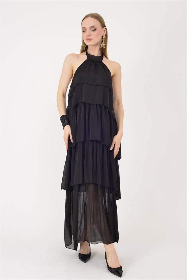 6153 PRATO OMUZDAN BAĞLAMALI KAT KAT İPEK ELBİSE