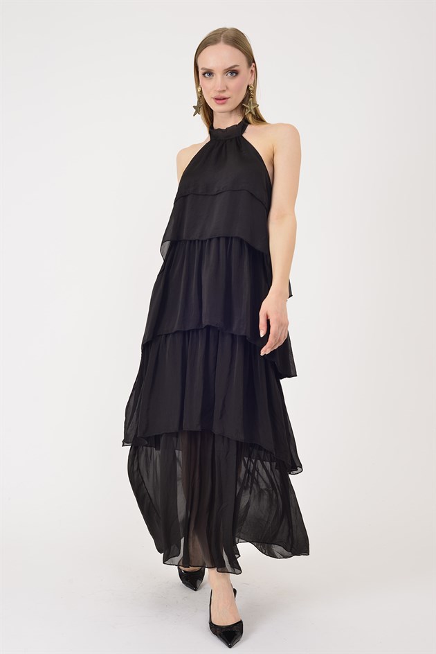 6153 PRATO OMUZDAN BAĞLAMALI KAT KAT İPEK ELBİSE