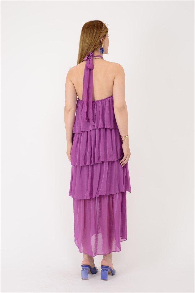 6153 PRATO OMUZDAN BAĞLAMALI KAT KAT İPEK ELBİSE