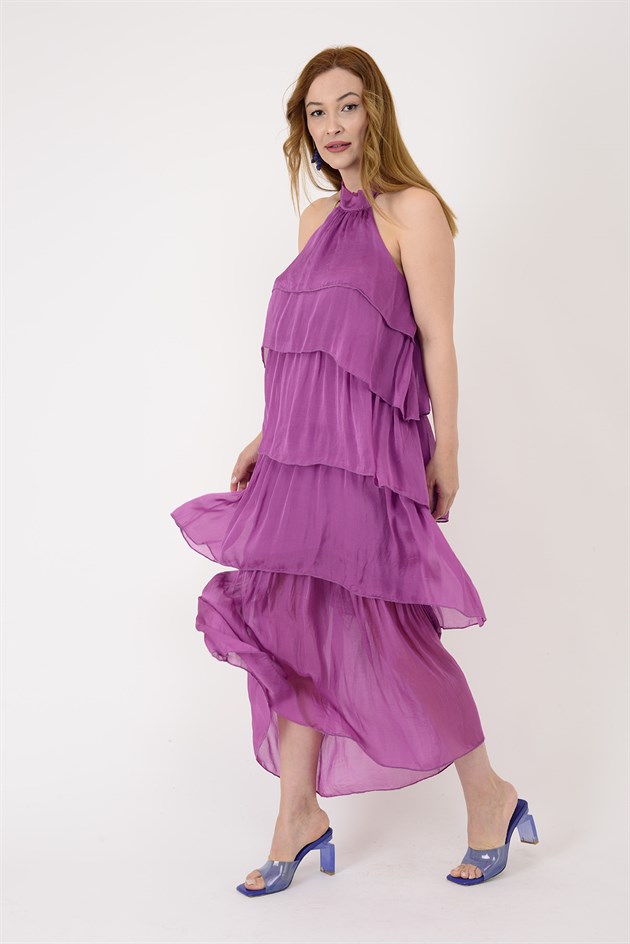 6153 PRATO OMUZDAN BAĞLAMALI KAT KAT İPEK ELBİSE