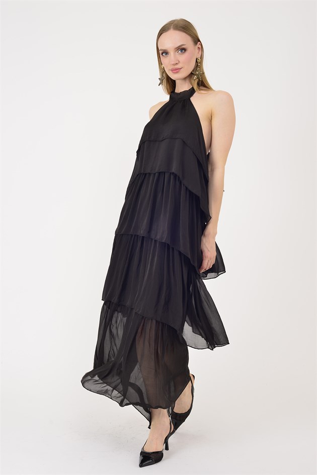 6153 PRATO OMUZDAN BAĞLAMALI KAT KAT İPEK ELBİSE