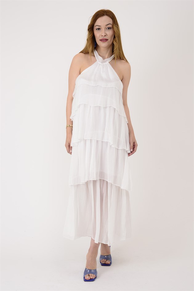 6153 PRATO OMUZDAN BAĞLAMALI KAT KAT İPEK ELBİSE