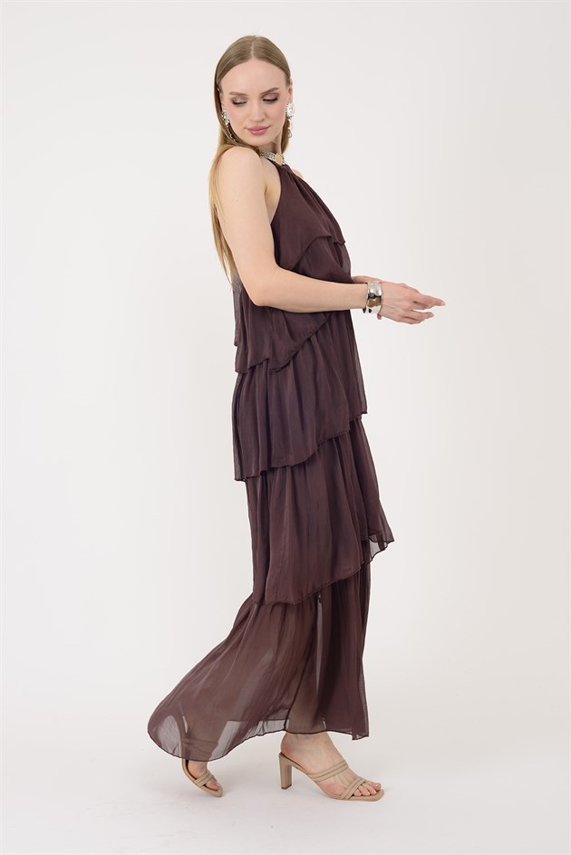 6153 PRATO OMUZDAN BAĞLAMALI KAT KAT İPEK ELBİSE