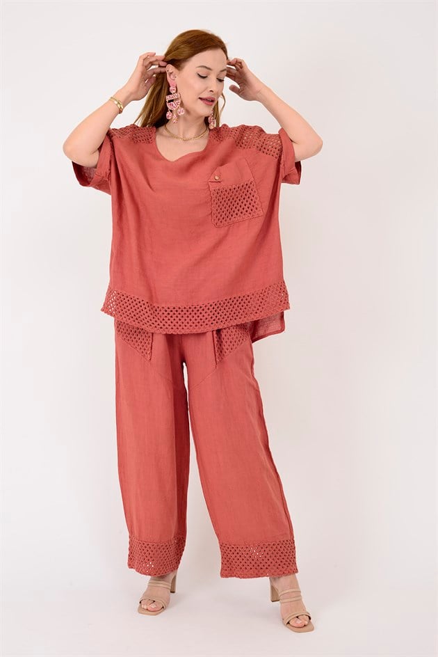 62009 AJUR DETAYLI TEK CEPLİ 2Lİ KETEN TAKIM