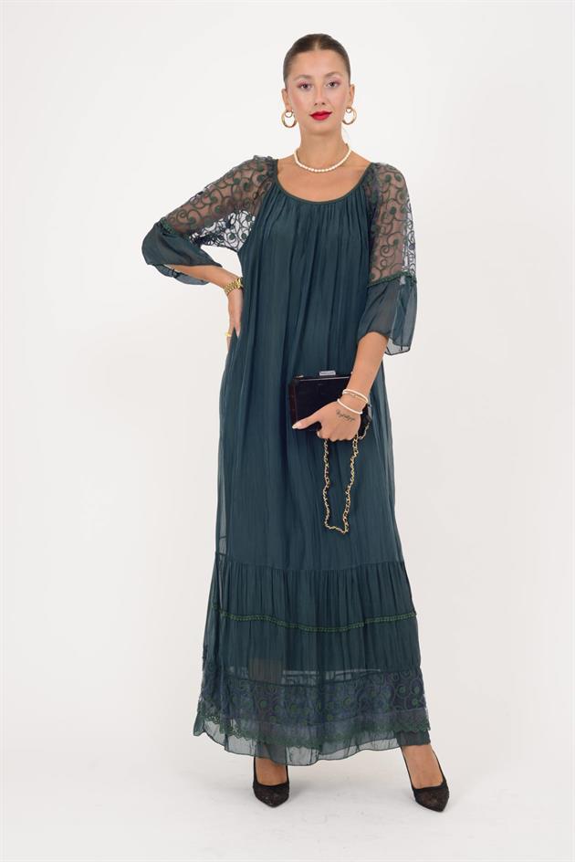 62076 DANTEL DETAY UZUN İPEK ELBİSE