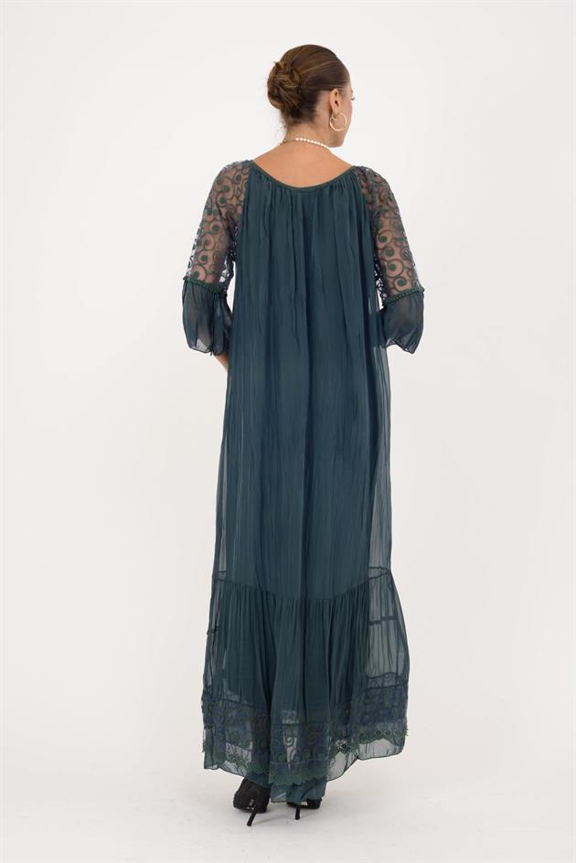 62076 DANTEL DETAY UZUN İPEK ELBİSE