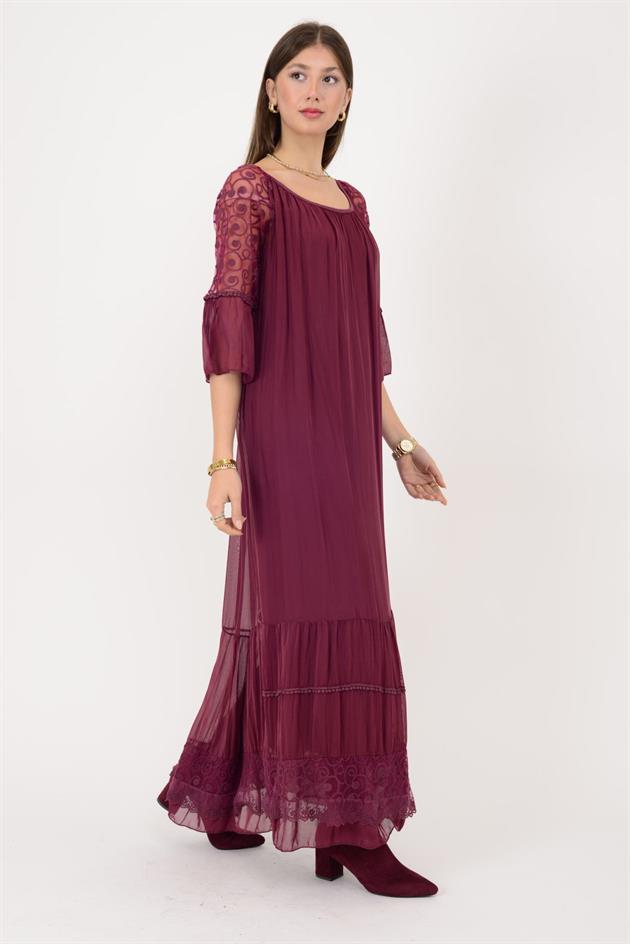 62076 GÜPÜR DANTEL DETAY UZUN İPEK ELBİSE