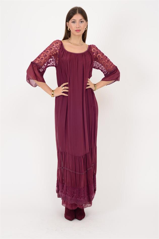 62076 GÜPÜR DANTEL DETAY UZUN İPEK ELBİSE