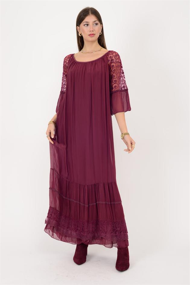 62076 GÜPÜR DANTEL DETAY UZUN İPEK ELBİSE