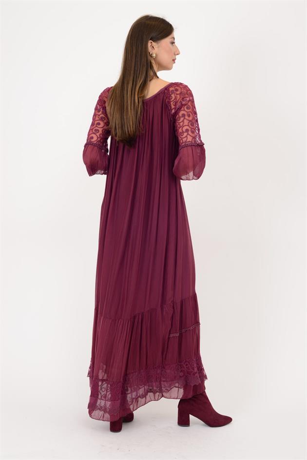 62076 GÜPÜR DANTEL DETAY UZUN İPEK ELBİSE