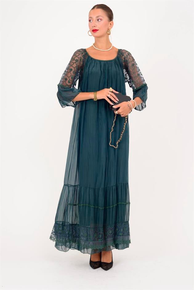 62076 DANTEL DETAY UZUN İPEK ELBİSE