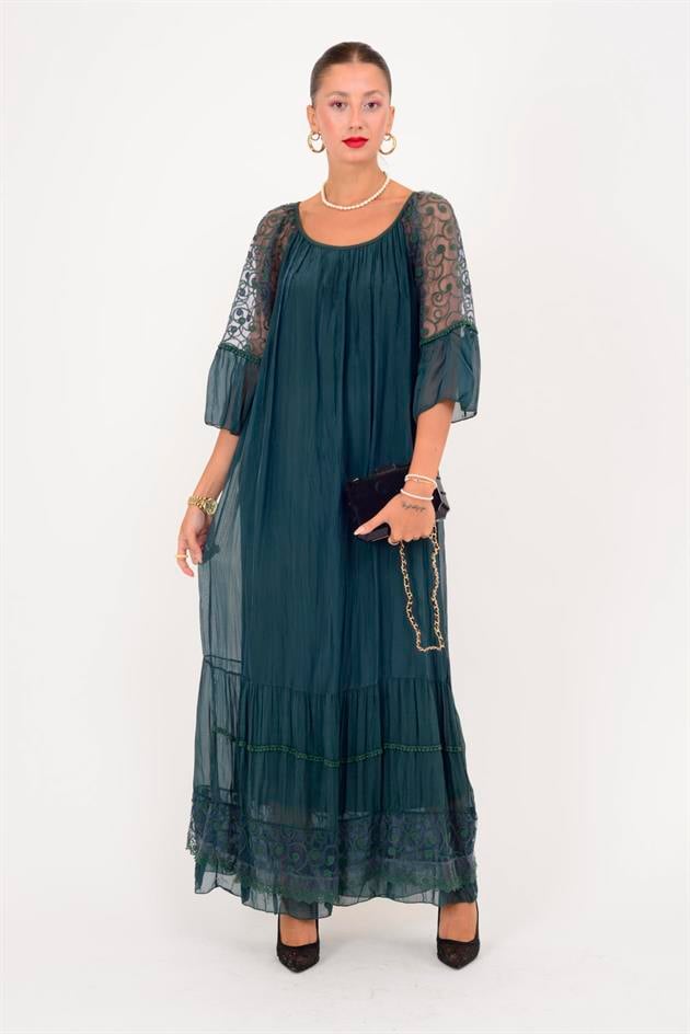 62076 DANTEL DETAY UZUN İPEK ELBİSE