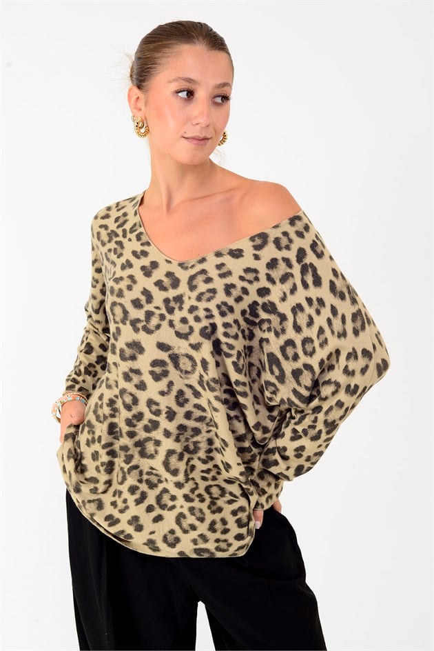 6266 LEOPAR DESEN V YAKA BLUZ