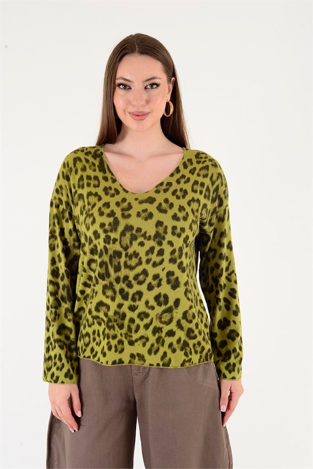6266 LEOPAR DESEN V YAKA BLUZ