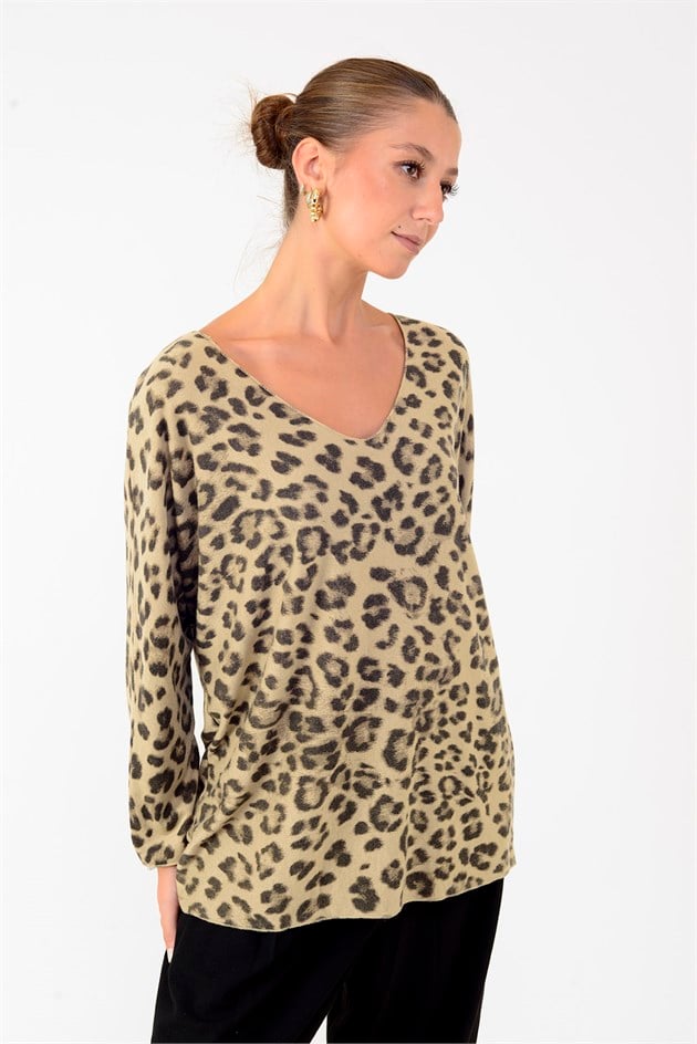 6266 LEOPAR DESEN V YAKA BLUZ