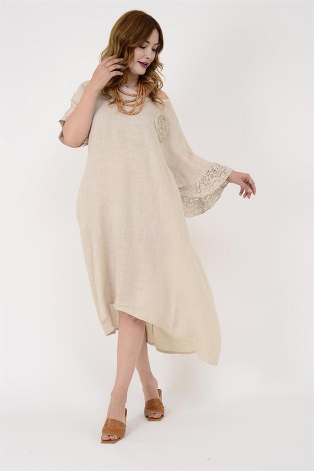 6313 APLİKE GÜL DETAYLI UZUN KETEN ELBİSE