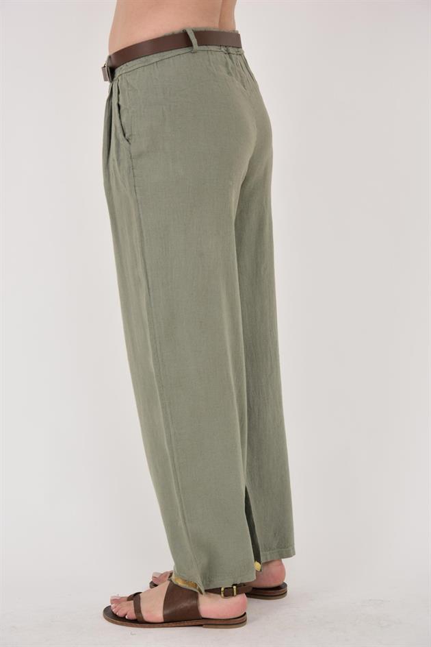 636 GOLD DETAYLI KEMERLİ KETEN PANTOLON