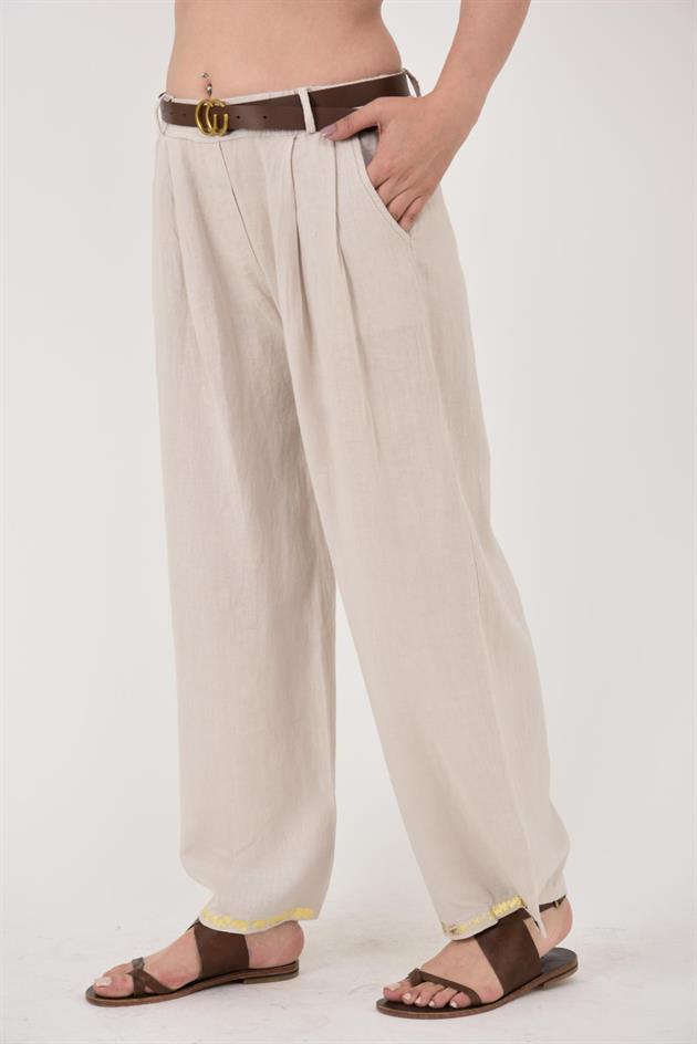 636 GOLD DETAYLI KEMERLİ KETEN PANTOLON