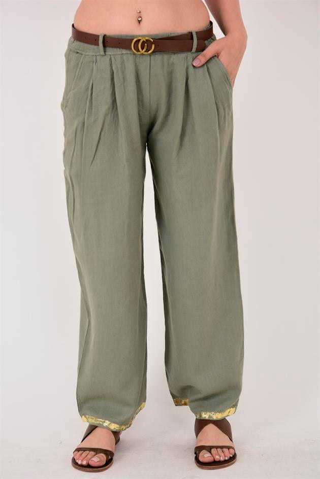 636 GOLD DETAYLI KEMERLİ KETEN PANTOLON