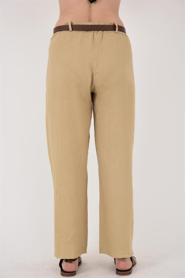 636 GOLD DETAYLI KEMERLİ KETEN PANTOLON