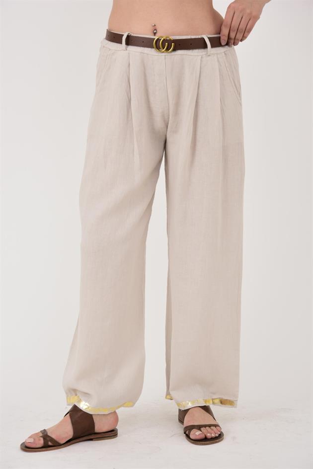 636 GOLD DETAYLI KEMERLİ KETEN PANTOLON