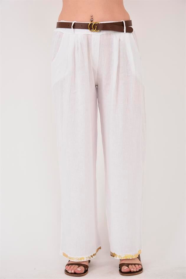 636 GOLD DETAYLI KEMERLİ KETEN PANTOLON