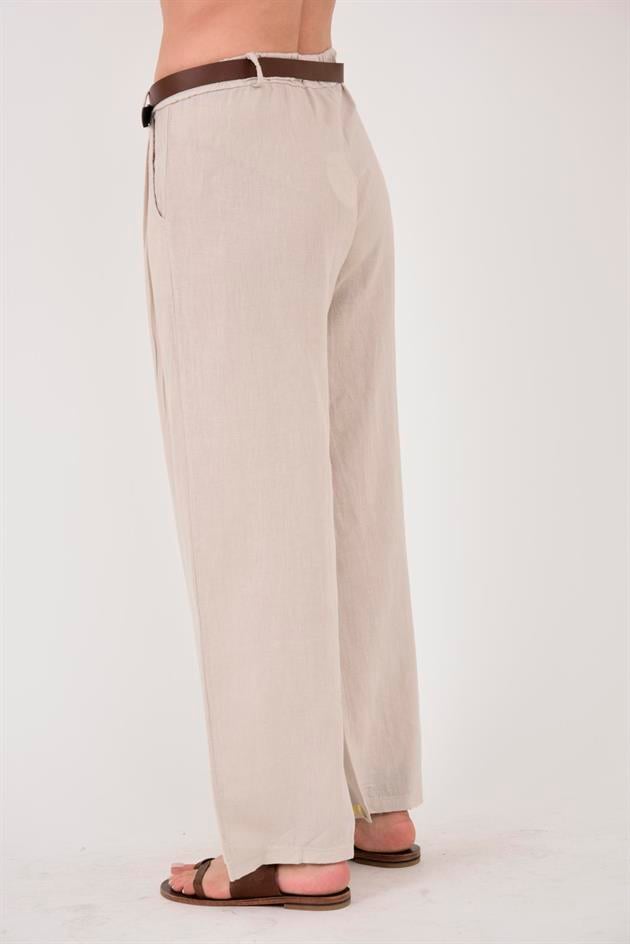 636 GOLD DETAYLI KEMERLİ KETEN PANTOLON