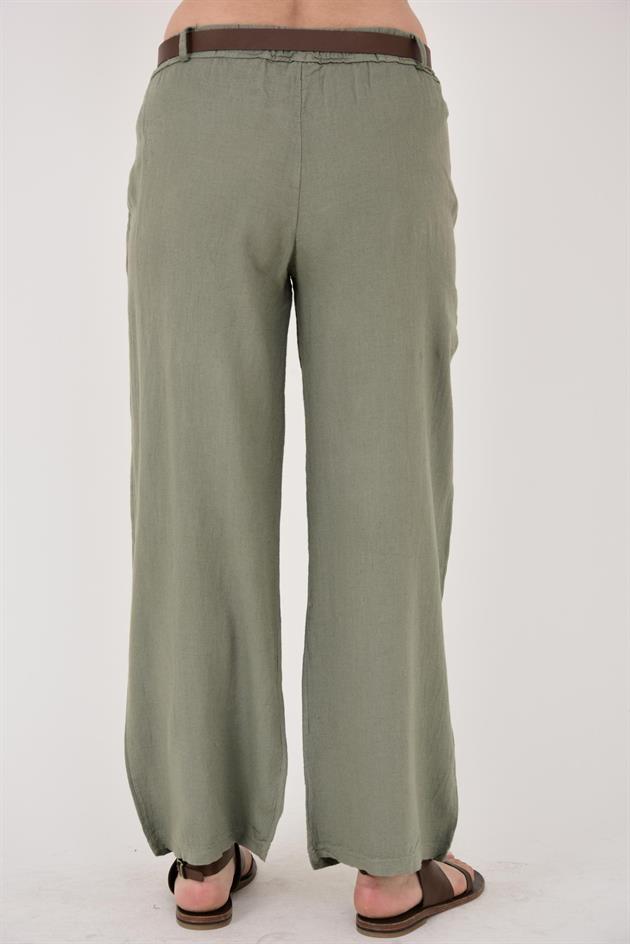 636 GOLD DETAYLI KEMERLİ KETEN PANTOLON