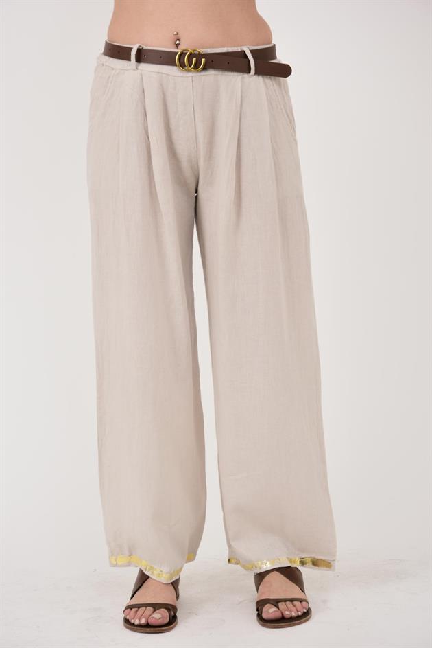 636 GOLD DETAYLI KEMERLİ KETEN PANTOLON