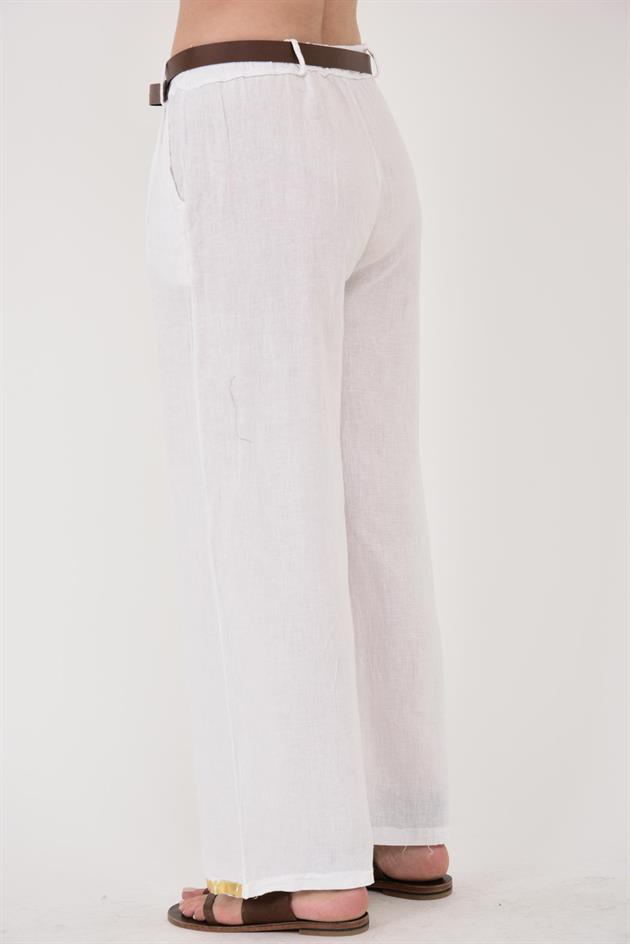 636 GOLD DETAYLI KEMERLİ KETEN PANTOLON