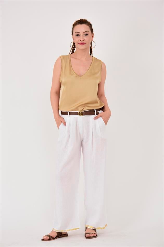 636 GOLD DETAYLI KEMERLİ KETEN PANTOLON