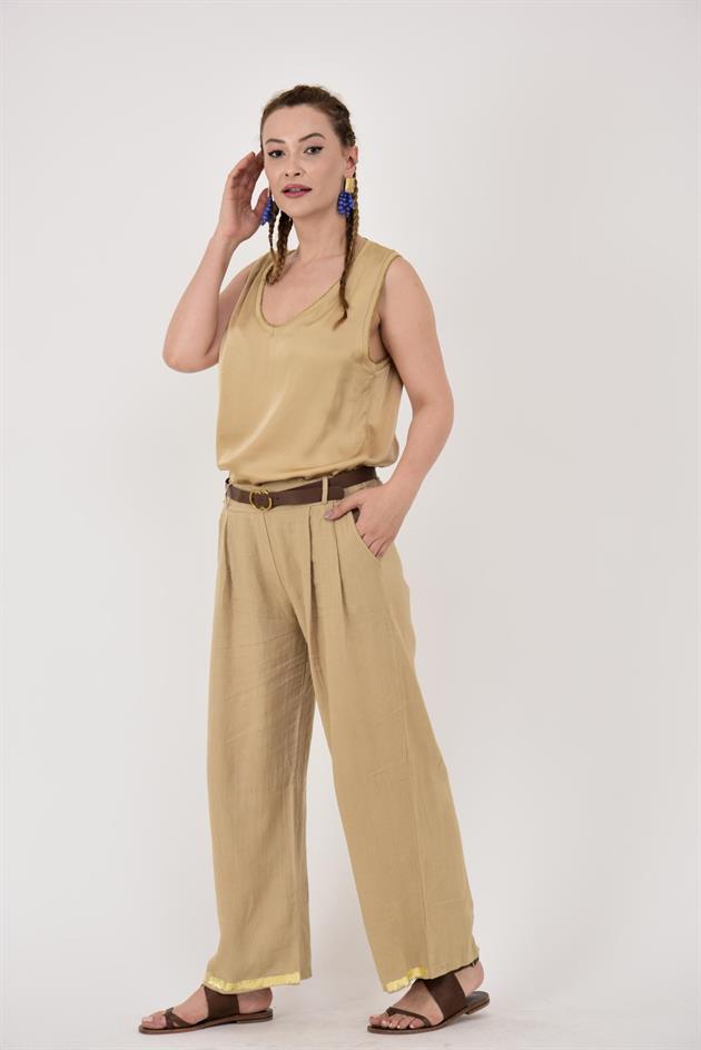636 GOLD DETAYLI KEMERLİ KETEN PANTOLON