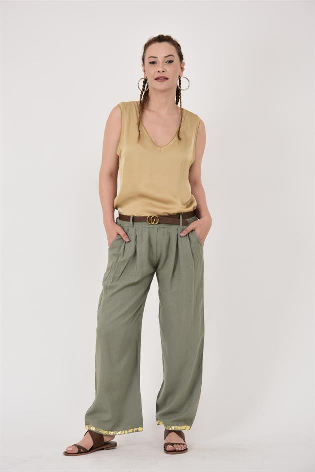 636 GOLD DETAYLI KEMERLİ KETEN PANTOLON