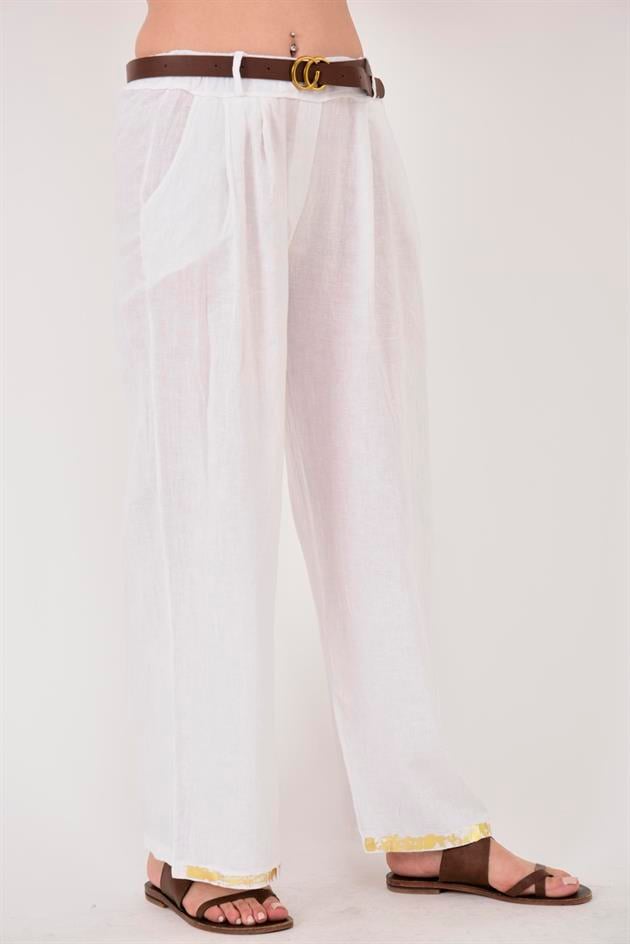 636 GOLD DETAYLI KEMERLİ KETEN PANTOLON