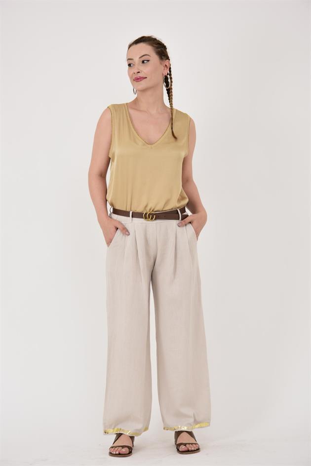 636 GOLD DETAYLI KEMERLİ KETEN PANTOLON