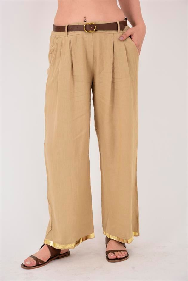 636 GOLD DETAYLI KEMERLİ KETEN PANTOLON