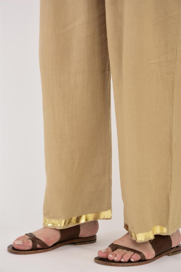 636 GOLD DETAYLI KEMERLİ KETEN PANTOLON