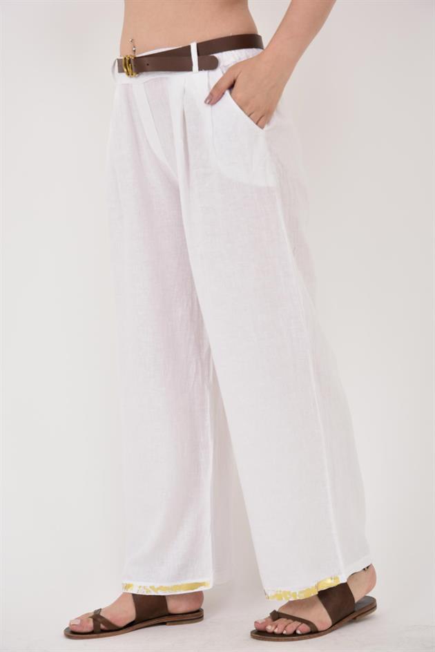 636 GOLD DETAYLI KEMERLİ KETEN PANTOLON