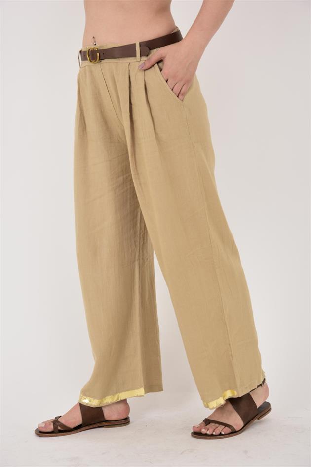 636 GOLD DETAYLI KEMERLİ KETEN PANTOLON