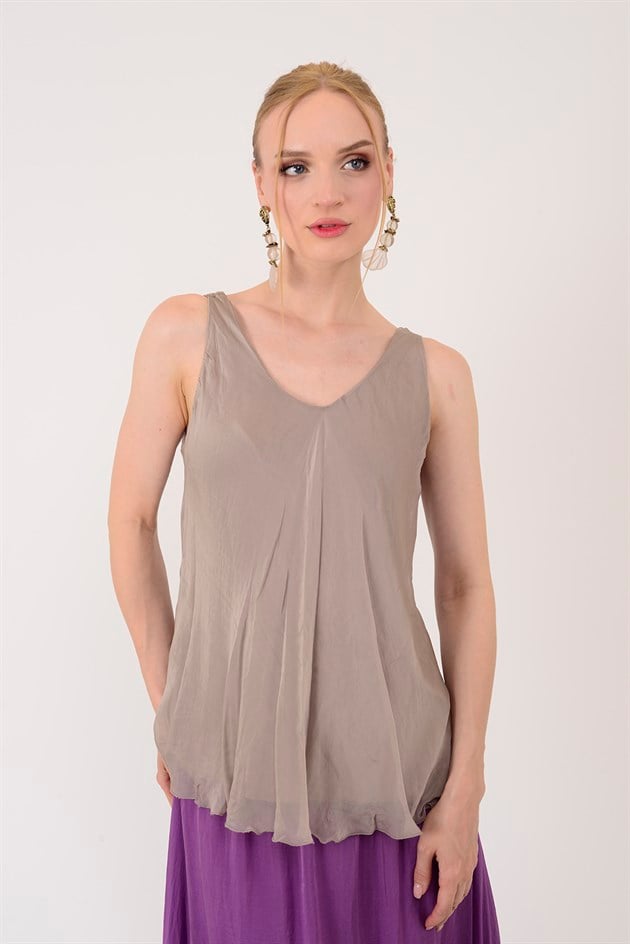 64274 V YAKA KOLSUZ İPEK BLUZ
