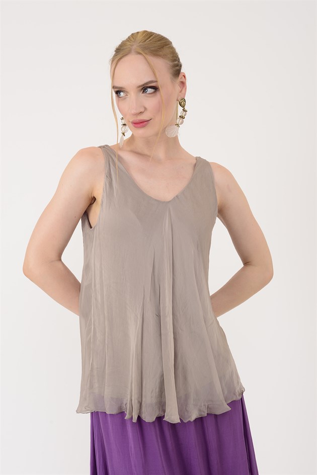 64274 V YAKA KOLSUZ İPEK BLUZ