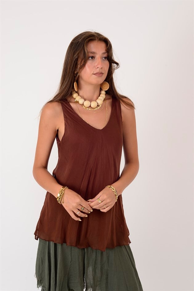64274 V YAKA KOLSUZ İPEK BLUZ
