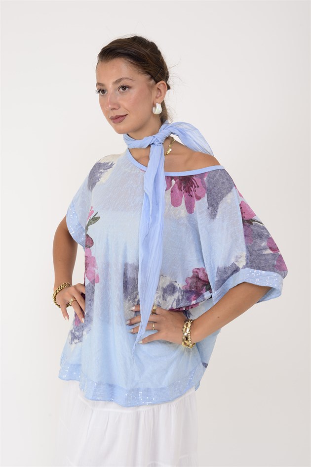 6454 SPLASH ÇİÇEK DESEN PAYET DETAYLI FULARLI KISA KOL BLUZ