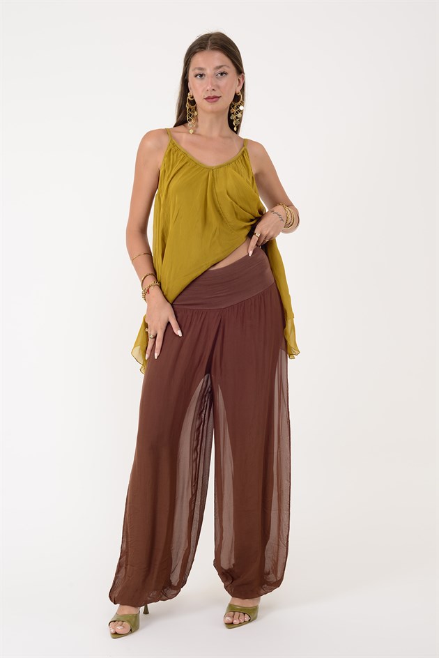 64952 BELİ KALIN LASTİKLİ İPEK PANTOLON