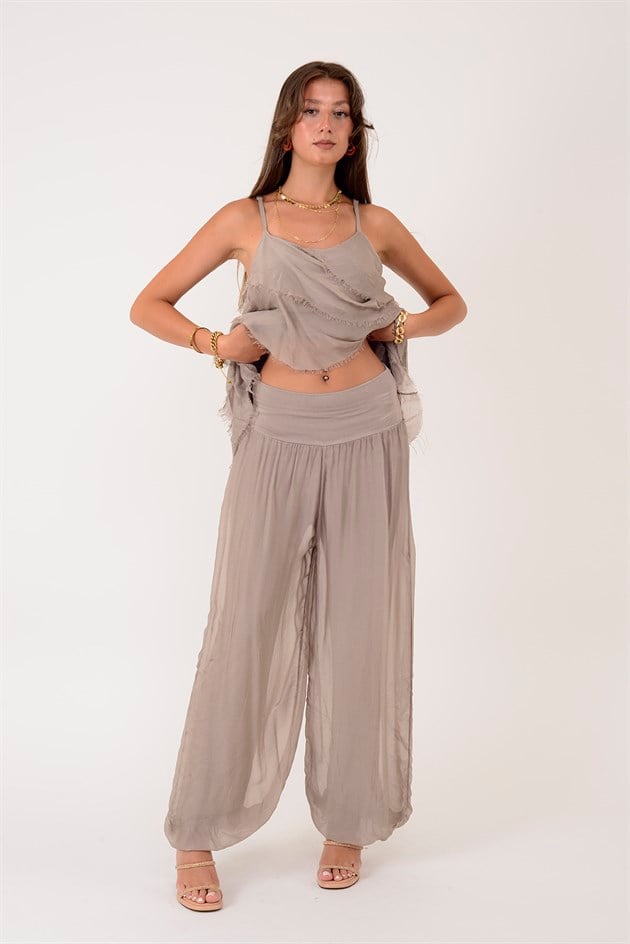 64952 BELİ KALIN LASTİKLİ İPEK PANTOLON