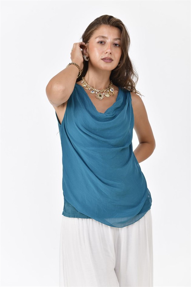 64967 DEGAJE YAKA KOLSUZ İPEK BLUZ